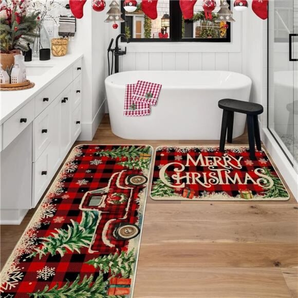 Set of 2 Christmas Kitchen‎ Mats, Red Truck Buffalo Plaid, Farmhouse Decor - Picture 6 of 8